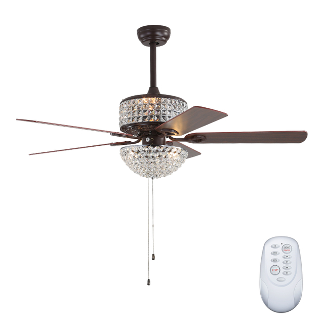 Ventilateur de plafond en cristal avec télécommande, 52 pouces, 5 pales, 3 couleurs, fil de cuivre, moteur muet, lustre